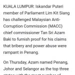 Macc Chief Azam Baki Claimed That Penang, Johor and Selangor Are the Top States with the Most Number of Corruption Cases. Lim Kit Siang Has Asked Macc to Show Proof