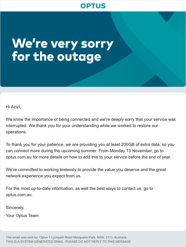 Optus Customers Have Begun to Receive This Message Offering Apologies over the Outage.