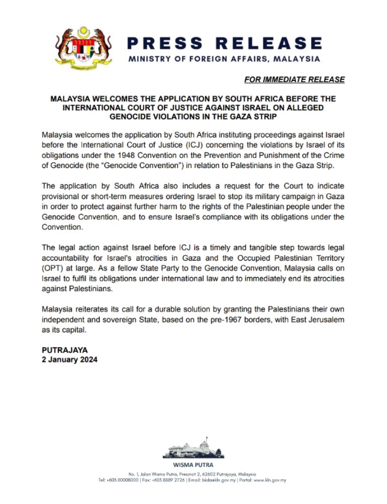 Malaysia Welcomes the Icj Hearing on Israel's Alleged Atrocities in the Gaza Strip Following the 7 October Incident.