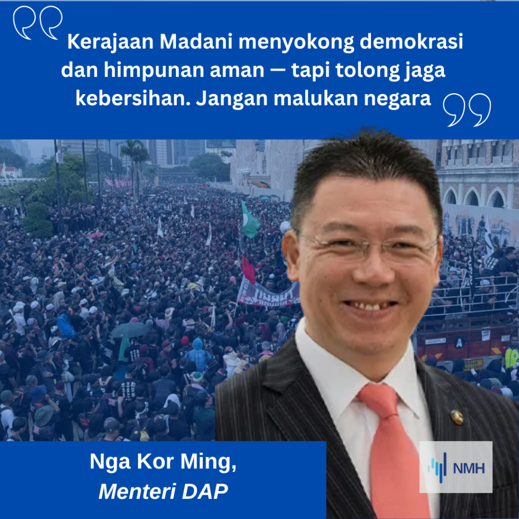 Nga - Turun Bm | Nmh Nga Kor Ming Lebih Memilih Untuk Memberi Tumpuan Kepada Sampah Yang Ditinggalkan Oleh Para Peserta Himpunan Turun Anwar, Sambil Merungut Dalam Sebuah Akhbar Tempatan Bahawa Penunjuk Perasaan Membuang Sampah Merata-rata.