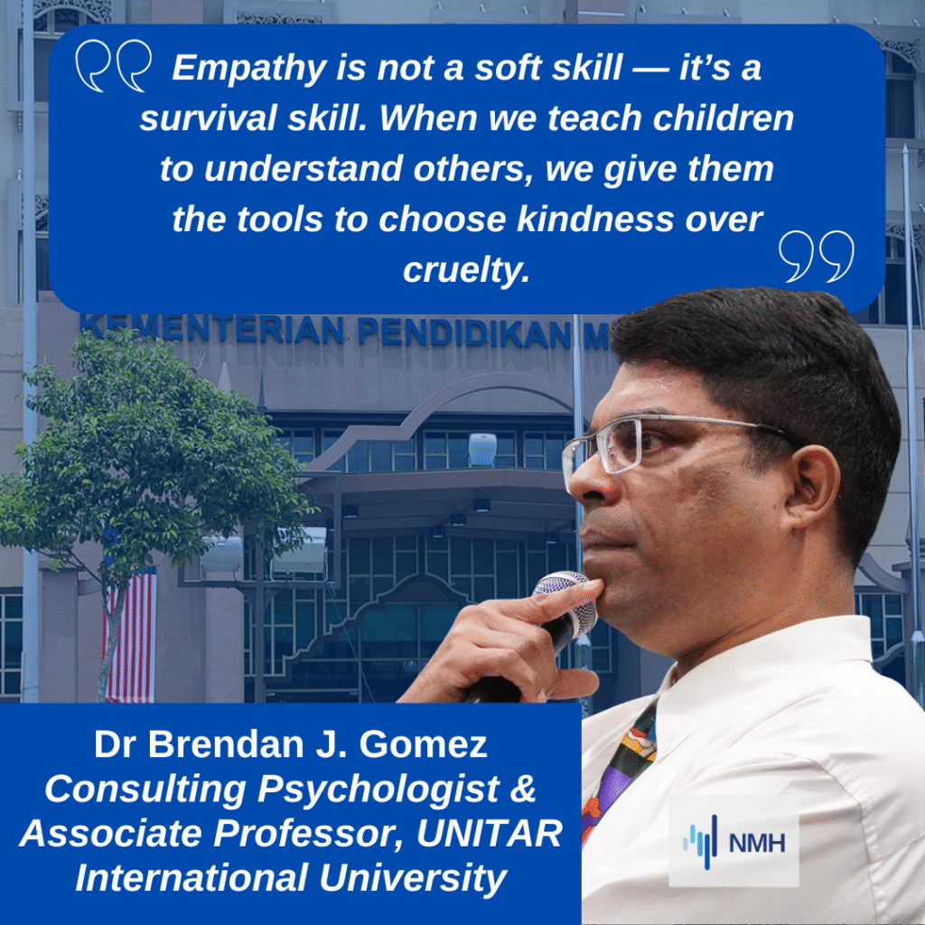 Dr Brendan J. Gomez delivering a talk on teaching empathy to prevent school bullying in Malaysian schools.