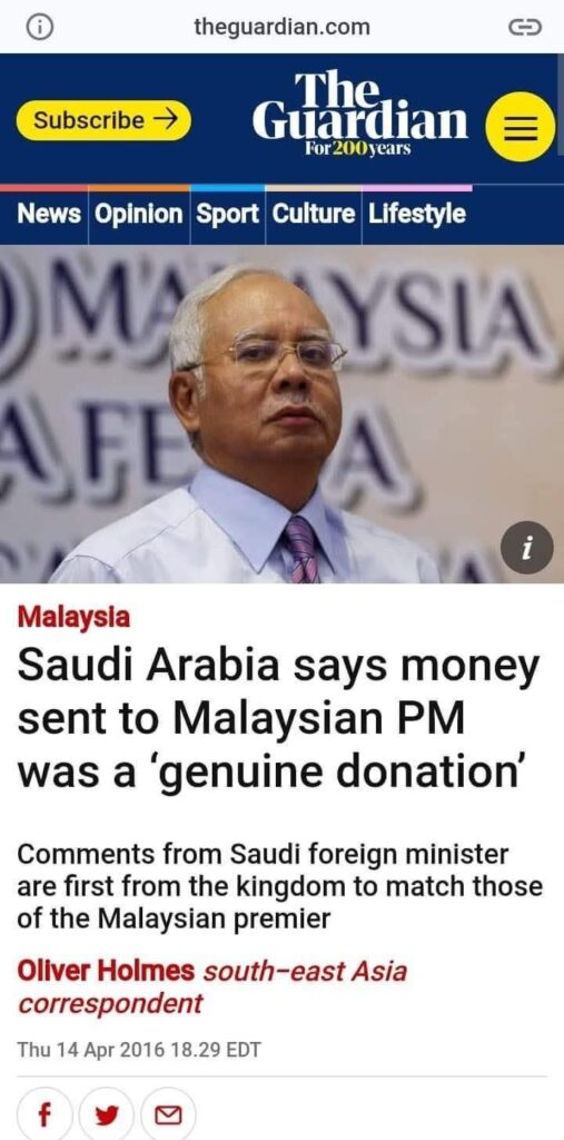 Isu Sumbangan Raja Arab Saudi Kepada Negara Malaysia Melalui Mantan Perdana Menteri Najib Pernah Dilaporkan Oleh Media Antarabangsa Berwibawa Seperti Reuters Dan the Guardian