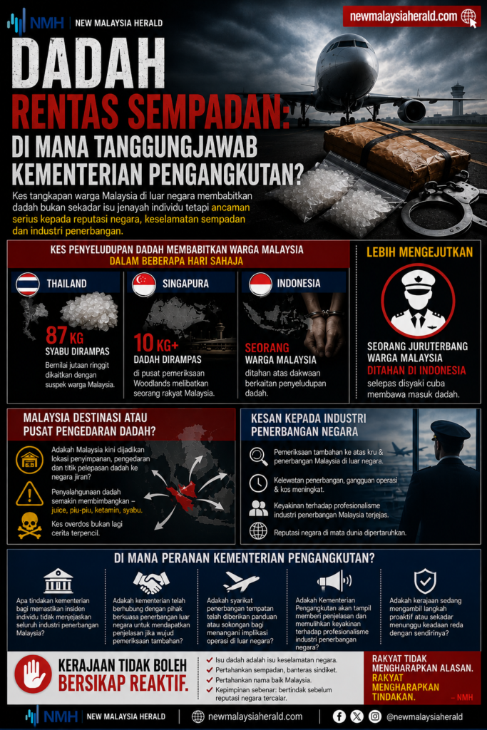 Dadah-nmh-ai | Nmh Beberapa Tangkapan Membabitkan Warga Malaysia Di Thailand, Singapura Dan Indonesia Mencetuskan Persoalan Sama Ada Malaysia Kini Semakin Menjadi Titik Penting Dalam Rangkaian Penyeludupan Dadah Serantau. Pada Masa Sama, Kerajaan Dituntut Menjelaskan Langkah Yang Diambil Bagi Melindungi Reputasi Industri Penerbangan Negara Daripada Terjejas Akibat Persepsi Antarabangsa. - 📌 Imej Ai | Sumber: New Malaysia Herald (nmh)