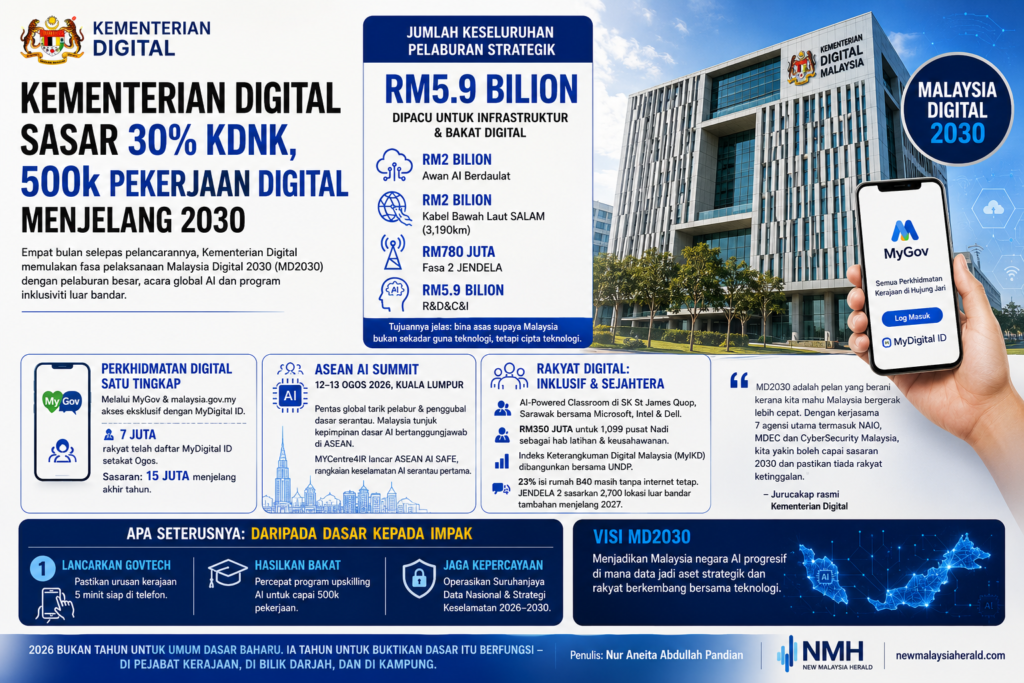 Daripada Dasar Kepada Penyampaian. Kementerian Digital Kini Menggerakkan Pelaksanaan Malaysia Digital 2030 Bagi Memastikan Manfaat Transformasi Digital Dapat Dinikmati Seluruh Rakyat. - Imej Ai
